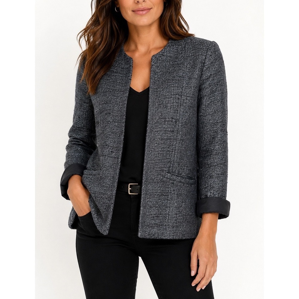 Eileen Fisher Jacket Blazer Womens 14 Silk Tweed Open Front Charcoal Gray Luxury